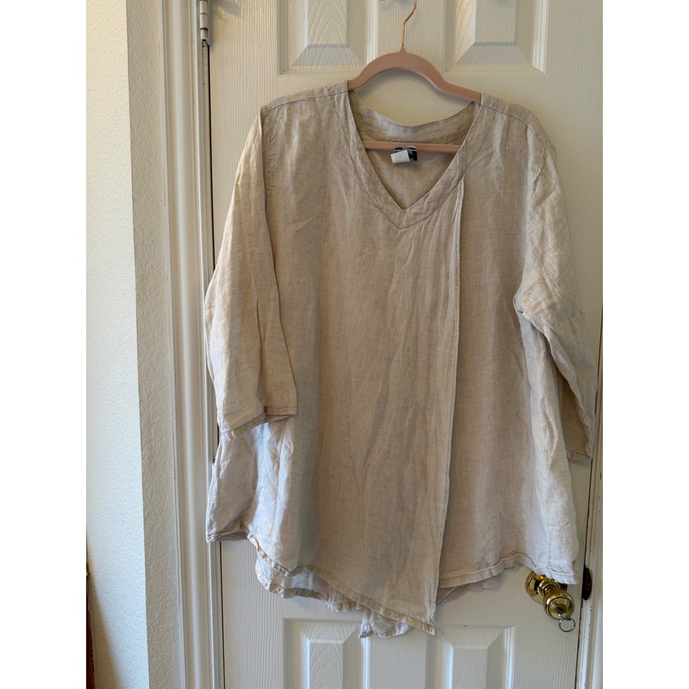 Match Point USA 100 Linen Tunic Top Beige V Neck 3/4 Sleeve Asymmetrical Hem M